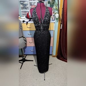 Beaded Sequin halter plunging neckline gown